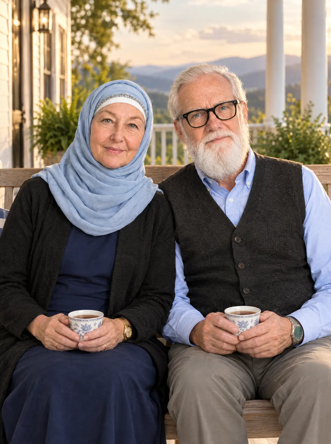 Adam and Sarah having tea on the porch