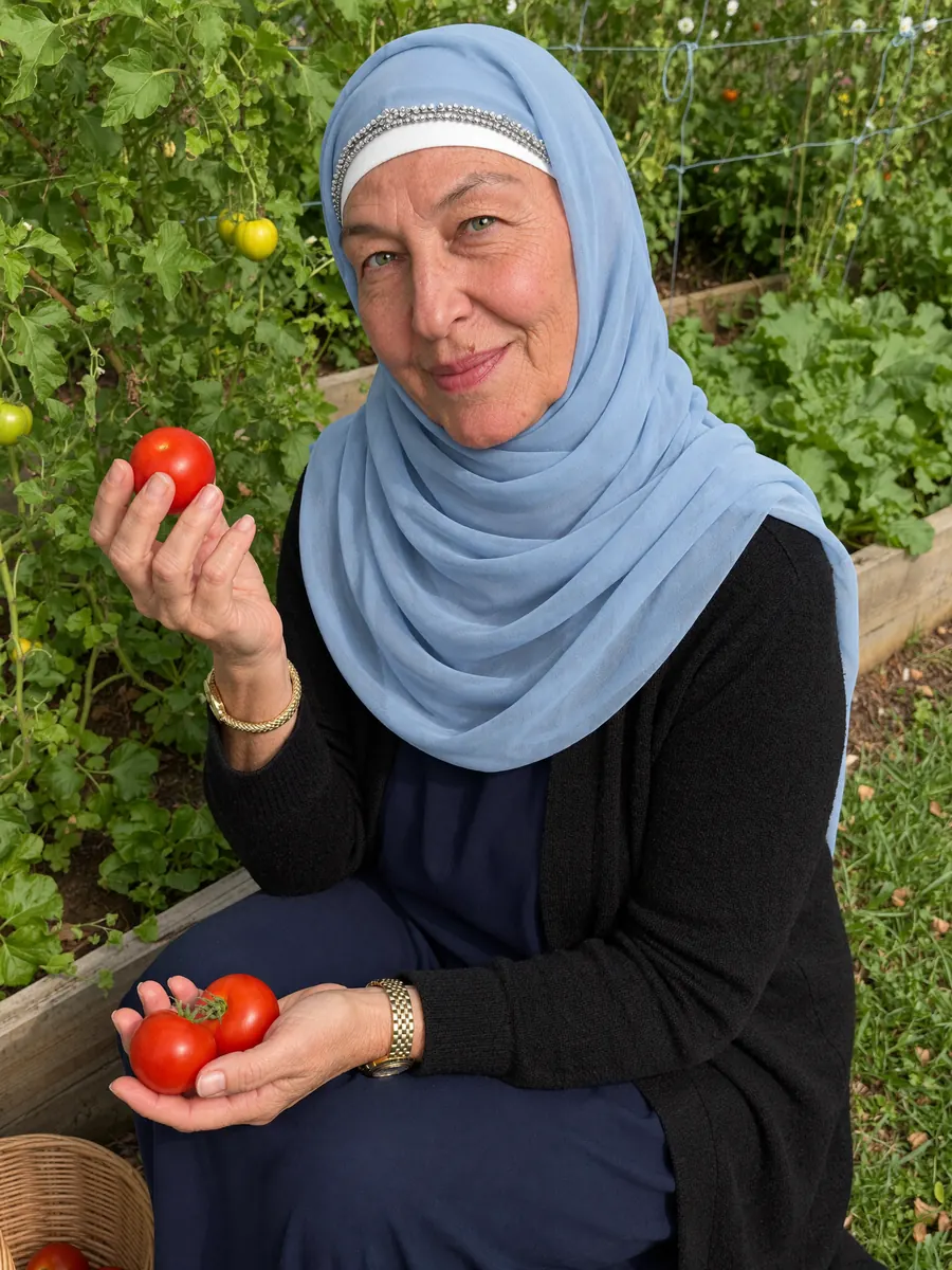 Sarah picking tomatoes